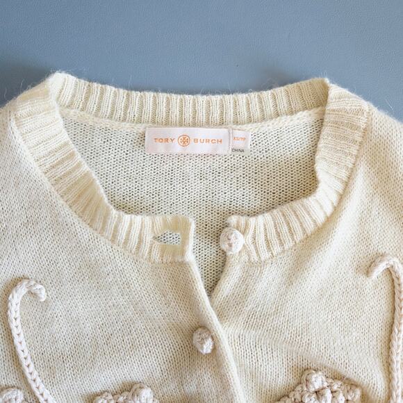 Tory Burch Wool Alpaca Cardigan With Embroidered Florals, Beige Cream, Size XS - Picture 4 of 12
